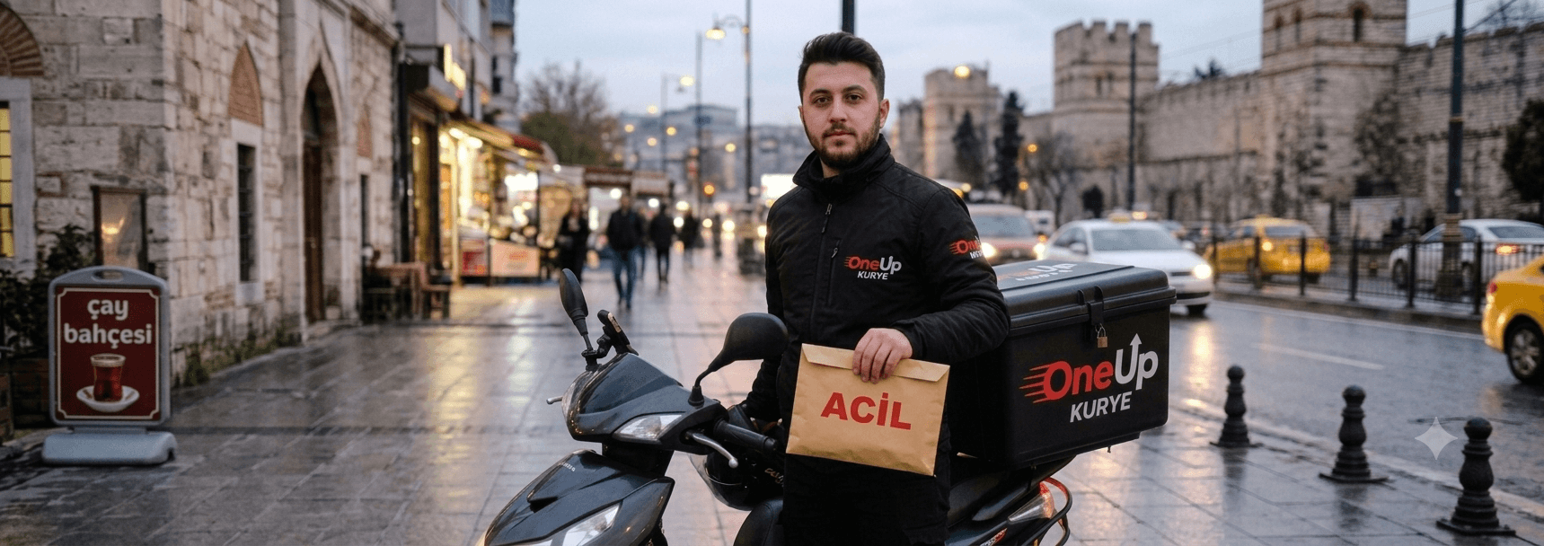 Elinde acil gönderi zarfıyla İstanbul sokağında motosikletinin yanında duran OneUpKurye motokuryesi